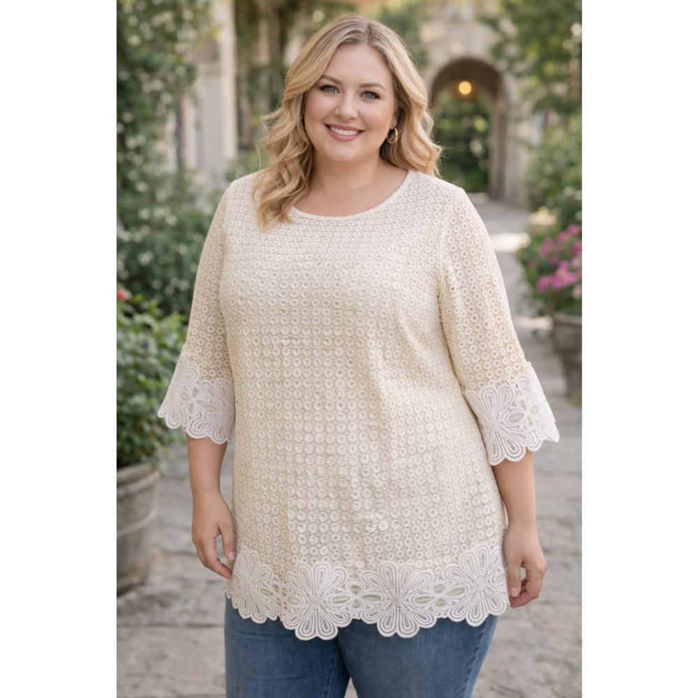 Alfani Ivory Lace Tunic Top 3X Sheer Floral Lace 3/4 Sleeve Boho